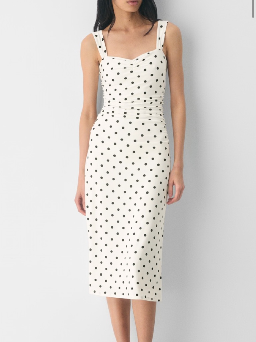 Aritzia Cream Midi Dress with Black Polka Dots and Square Neck